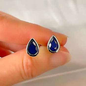 Genuine Sapphire Bezel Set Silver Teardrop Pear Shaped Stud Earrings