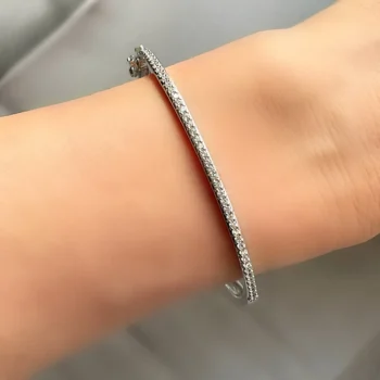 Genuine White Topaz Single Row Silver Bangle Bracelet