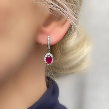 Genuine Ruby Oval Halo Dangle Drop Silver Earrings