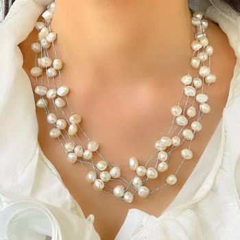 White Freshwater Pearl 5 Strand Necklace with Sterling Silver Clasp