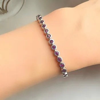 Genuine Amethyst Bezel Set Round Tennis Adjustable Slider Silver Bracelet
