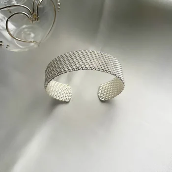 Solid Sterling Silver 925 Mesh Style Wide Cuff Bangle Bracelet