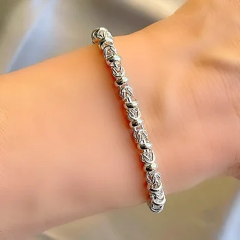 Solid Sterling Silver 925 Byzantine Bead Link Bracelet
