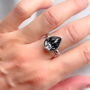 Sterling Silver Swarovski Austrian Crystal Black Diamond Teardrop Cocktail Ring