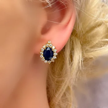 Genuine Blue Sapphire Diana Halo 18ct Gold Vermeil Silver Earrings