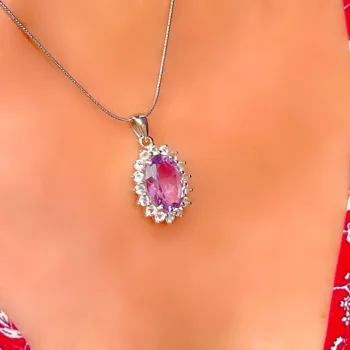 Natural Amethyst Halo Oval Silver Pendant Necklace
