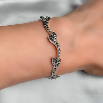 Sterling Silver 925 Swiss Marcasite Leaf Link Bracelet