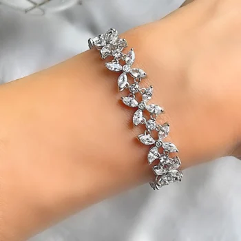 Genuine White Topaz Floral Graduated Tennis Silver Bracelet