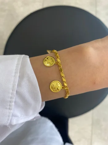 14K Solid Gold Ottoman Monogram Bracelet – Turkish Embossed Coin Bracelet