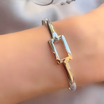 Sterling Silver 925 Rectangle Geometric Clasp Bangle Bracelet