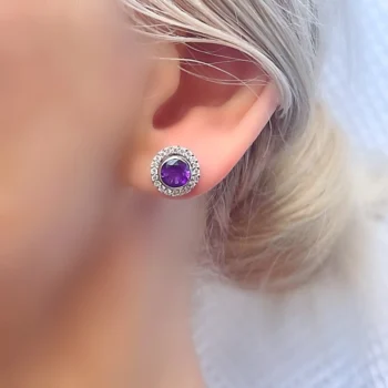 Genuine African Amethyst Interchangeable Silver Halo Stud Earrings