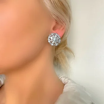 Genuine Large Blue Topaz Floral Silver Stud Earrings