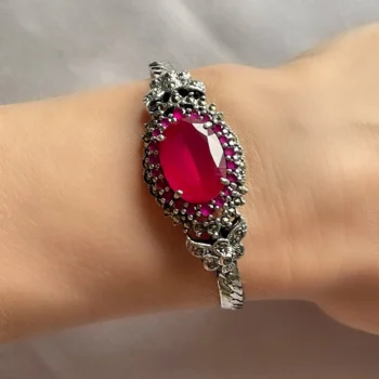 Genuine Large Ruby Art Deco Style Silver & Marcasite Solitaire Bracelet