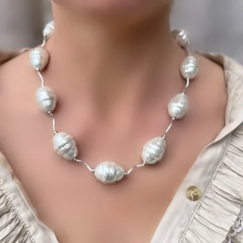 Baroque Mother of Pearl Necklace – Large White Oval Pearl, Sterling Silver