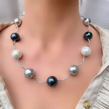 Baroque Mother of Pearl Necklace in Sterling Silver – Grey, Black & White Iridescent Pearls