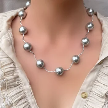 Baroque Grey Mother of Pearl Necklace in Sterling Silver