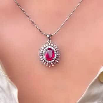 Genuine Ruby & White Topaz Halo Sun Ray Silver Pendant Necklace