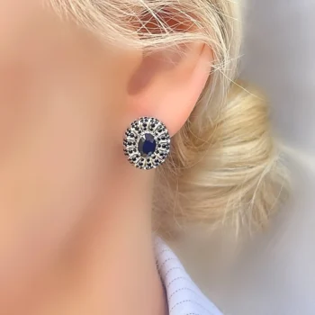 Genuine Sapphire Oval Pavilion Style Cluster Silver Stud Earrings