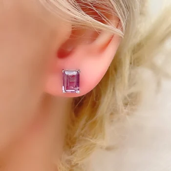Genuine Amethyst Rectangular Emerald Cut Silver Stud Earrings