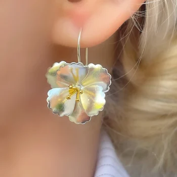 Sterling Silver 925 3D Floral 6 Petal Gold Vermeil Piston Dangle Drop Earrings