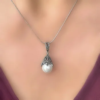 Natural Mother of Pearl and Marcasite Art Deco Silver Pendant Necklace