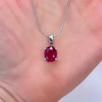 Genuine Ruby Oval Silver Solitaire Pendant Necklace