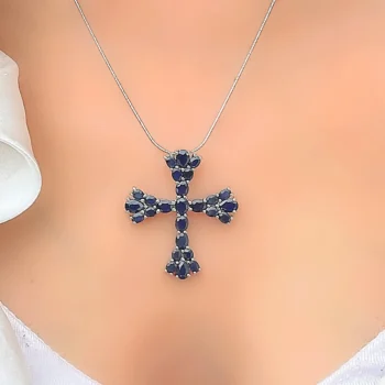 Genuine Blue Sapphire Cluster Large Footed Pattee Symbolic Cross Silver Pendant Necklace