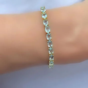 Genuine AA+ Aquamarine Oval Tennis Gold Vermeil Silver Bracelet