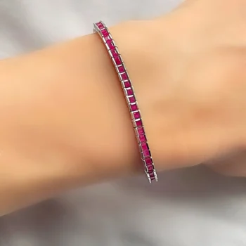 Genuine Ruby AAA Quality Square Cut Channel Set Tennis Silver Bracelet