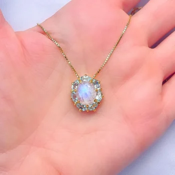 Genuine Blue Topaz and Rainbow Moonstone Gold Vermeil Silver Halo Pendant Necklace