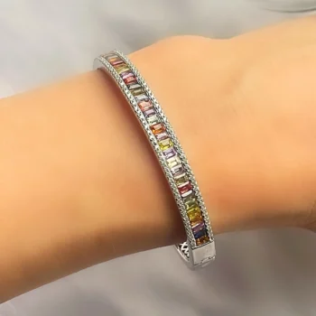 Genuine Rainbow Multicoloured Sapphire Baguette Channel Set Silver Bangle