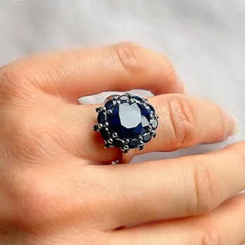 Genuine Blue Sapphire Oval Cluster Silver Cocktail Ring