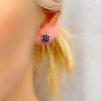 Genuine Ceylon Blue Sapphire Floral Flower Silver Stud Earrings