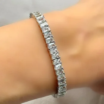 Genuine White Topaz Baguette Set Emerald Cut Tennis Silver Bracelet