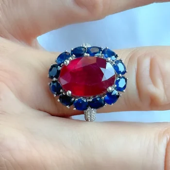 Genuine Ruby Oval and Blue Sapphire Floral Silver Cocktail Ring