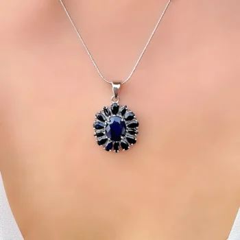 Genuine Sapphire Cluster Floral Silver Pendant Necklace