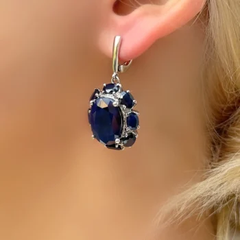 Genuine Sapphire Large Oval Floral Dangle Drop Silver Earrings