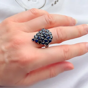 Genuine Blue Sapphire Large Cluster Pear Shaped Teardrop Silver Ring