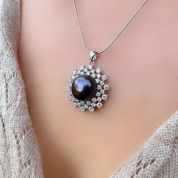 Natural AA Black Pearl Halo and White Topaz Silver Pendant Necklace