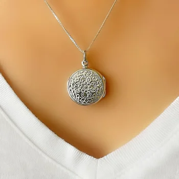 Sterling Silver Round Detailed Floral Motif Locket Pendant Necklace