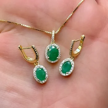 Natural Emerald Halo Gold Vermeil Pendant & Drop Earrings Set