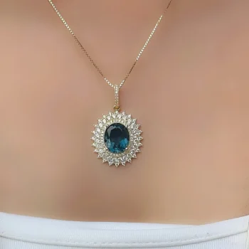 Genuine Oval London Blue Topaz and White Topaz Gold Vermeil Silver Halo Pendant