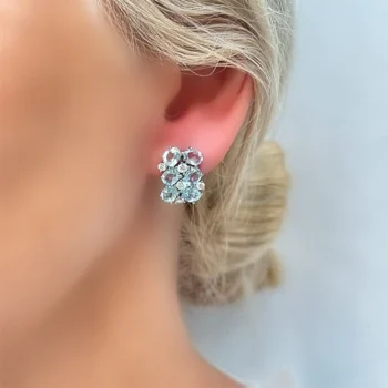 Genuine Sky Blue Topaz Cluster Rectangular Silver Stud Earrings