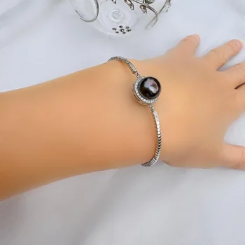 Natural Black Pearl 10 mm Adjustable Slider Silver Bangle Bracelet