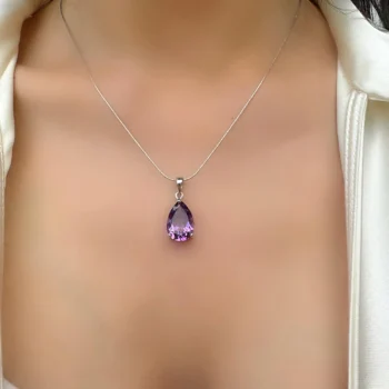 Genuine Amethyst Teardrop Silver Pendant Necklace