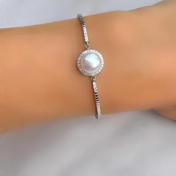 Natural Pearl 10 mm Silver Adjustable Slider Bangle Bracelet