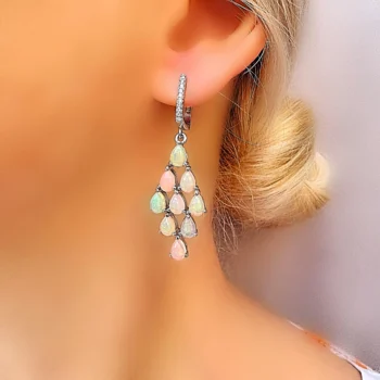 Genuine Ethiopian Fire Opal Chandelier Dangle Drop Silver Earrings
