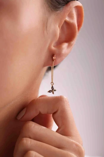 14K Solid Gold Threader Brown Flower Earrings – Long Chain Flower Earrings