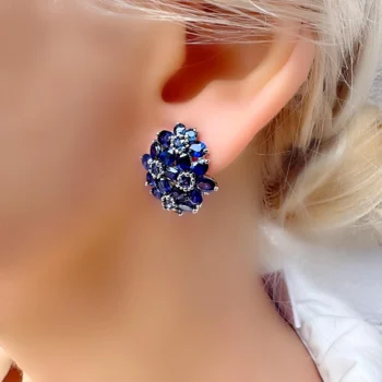 Genuine Ceylon Blue Sapphire Four Flower Cluster Large Silver Stud Earrings