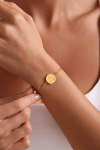 14K Solid Gold Coin Bracelet with Paperclip Chain